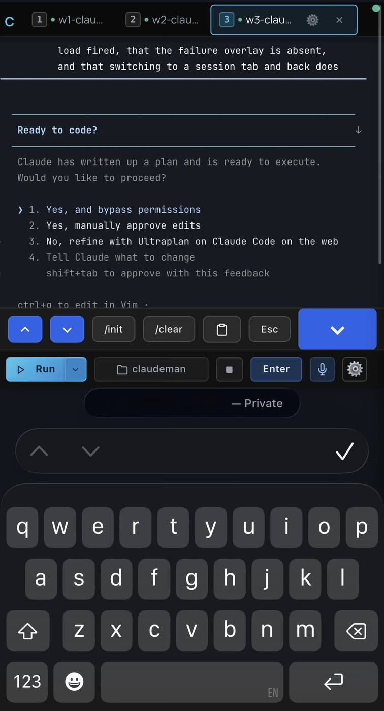 Codeman on a phone: session tabs, a live Claude Code terminal, and the keyboard accessory bar
