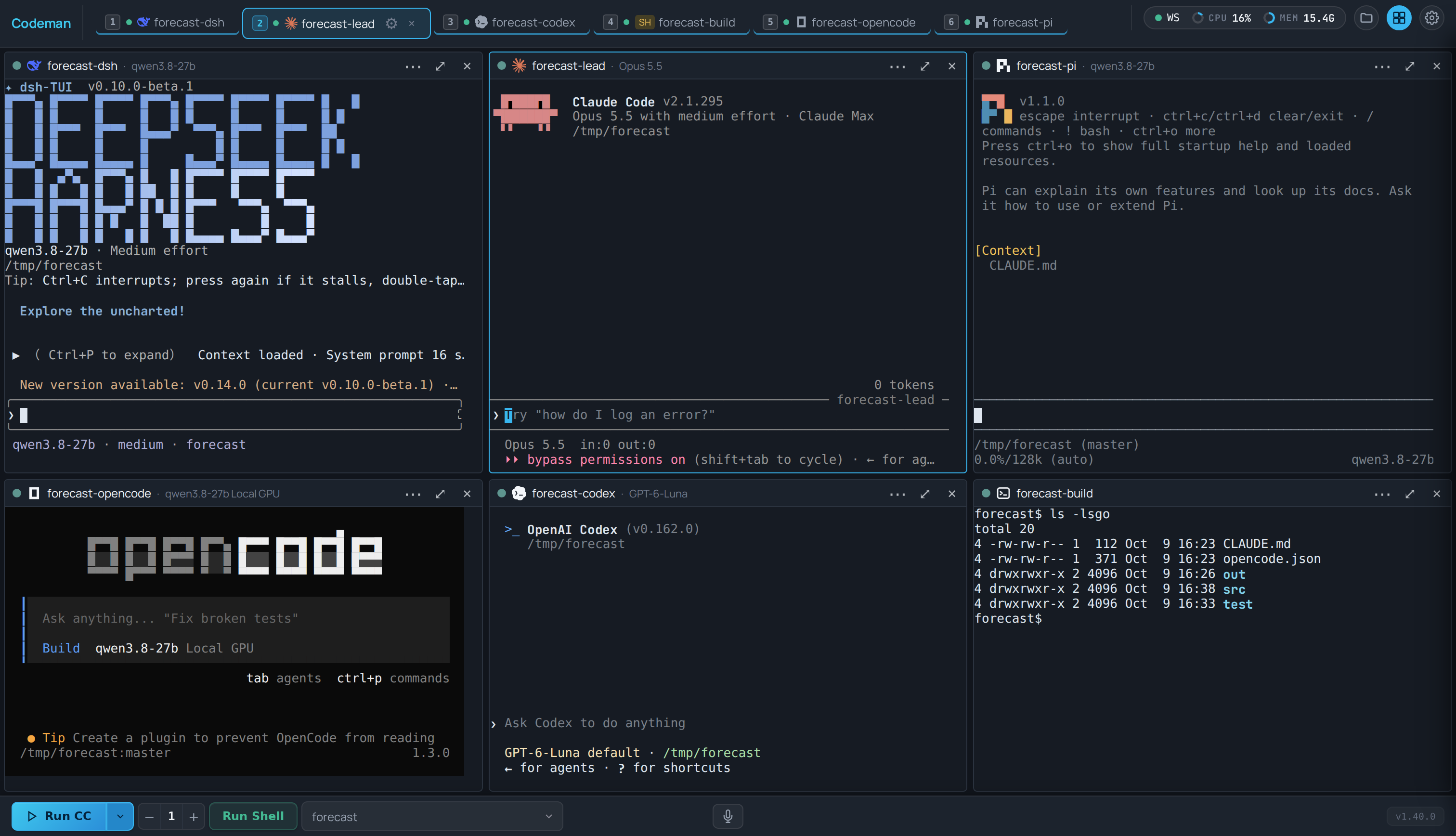 The Codeman tile grid: six live agent sessions side by side in a 3x2 grid (DeepSeek Harness, Claude Code and Pi on top, OpenCode, Codex and a shell below), each tile headed by its CLI logo, session name and model